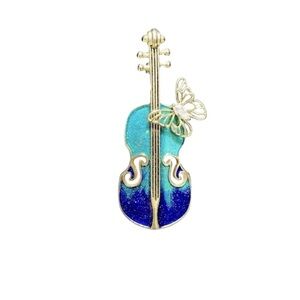 Enamel Violin Brooch with Rhinestone Butterfly